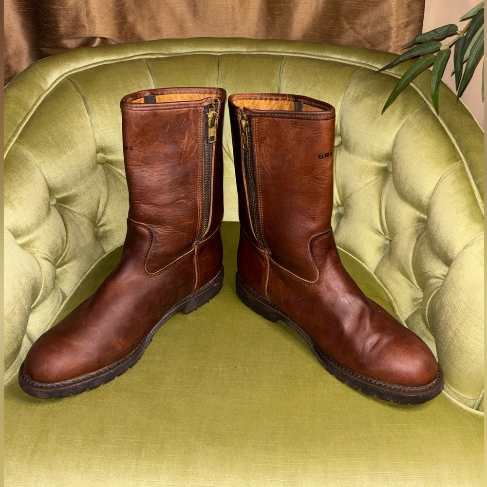 Orvis Men’s Leather  Boots 13D Side Zip Mid-Calf Brown Vibram Sole Made USA​